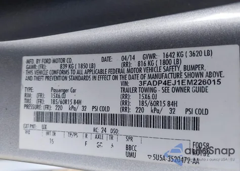 2014 Ford Fiesta Se from USA, damaged, VIN 3FADP4EJ1EM226015